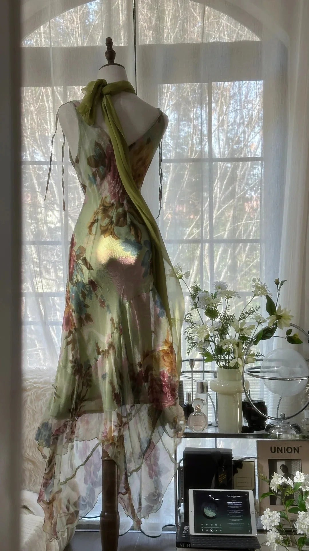 Ethereal Sage Green Cowl Neck Straps Mermaid Prom Dress With Vintage Floral Print & Beaded Detail AD880