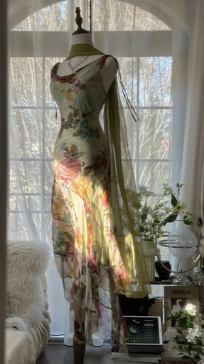 Ethereal Sage Green Cowl Neck Straps Mermaid Prom Dress With Vintage Floral Print & Beaded Detail AD880