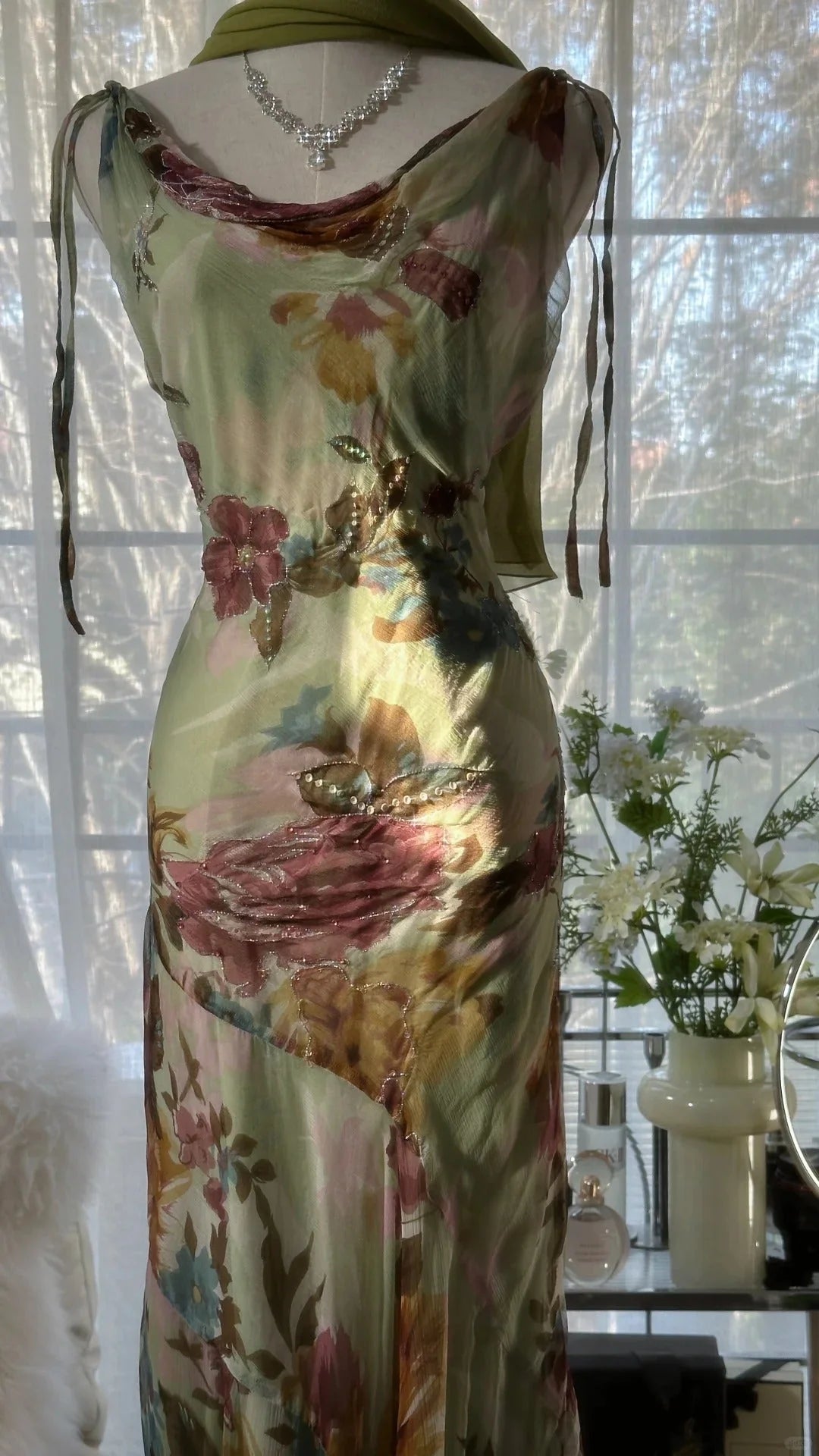 Ethereal Sage Green Cowl Neck Straps Mermaid Prom Dress With Vintage Floral Print & Beaded Detail AD880