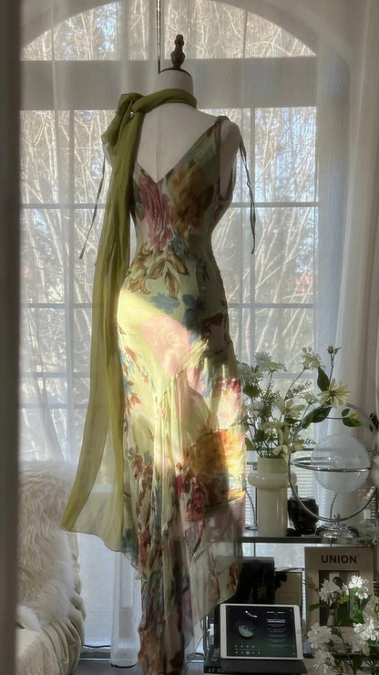 Ethereal Sage Green Cowl Neck Straps Mermaid Prom Dress With Vintage Floral Print & Beaded Detail AD880