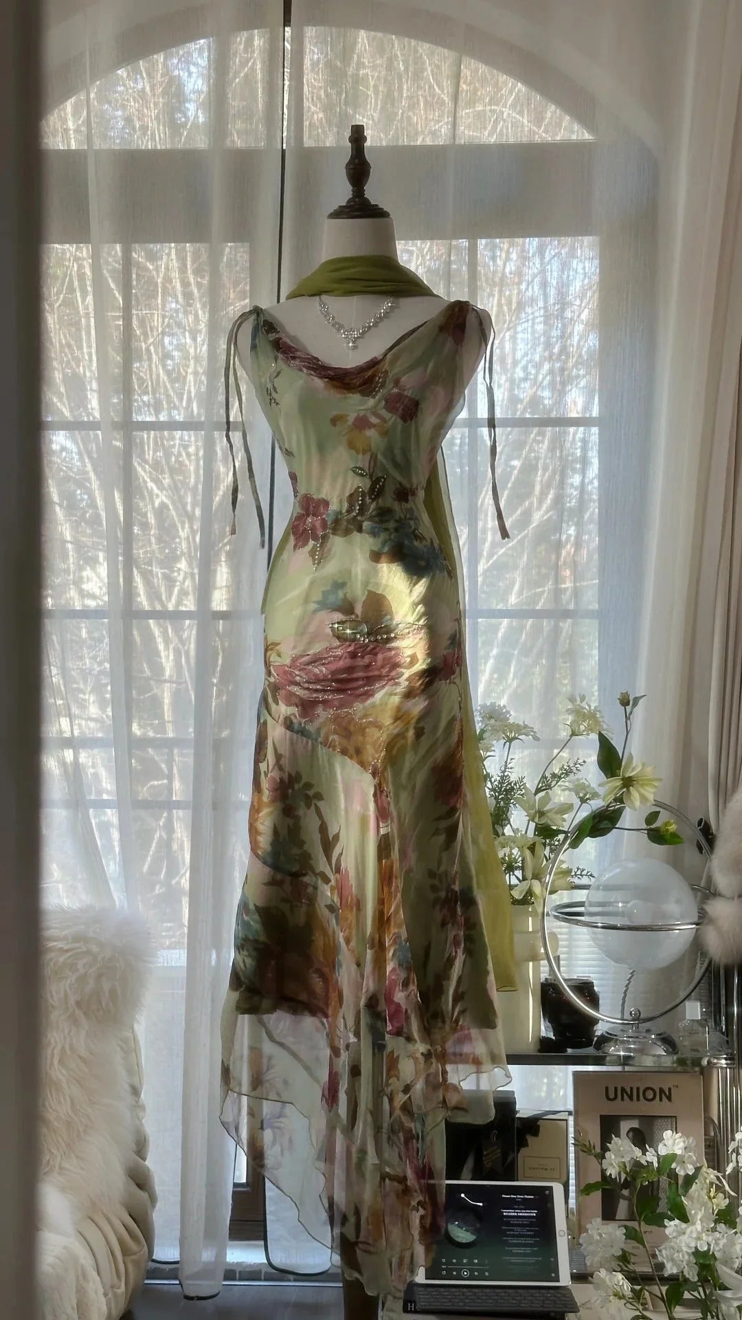 Ethereal Sage Green Cowl Neck Straps Mermaid Prom Dress With Vintage Floral Print & Beaded Detail AD880