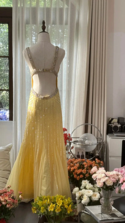 Sunny Yellow Sweetheart Neck Straps Sheath Beaded Prom Dress AD881