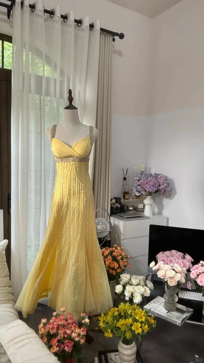 Sunny Yellow Sweetheart Neck Straps Sheath Beaded Prom Dress AD881