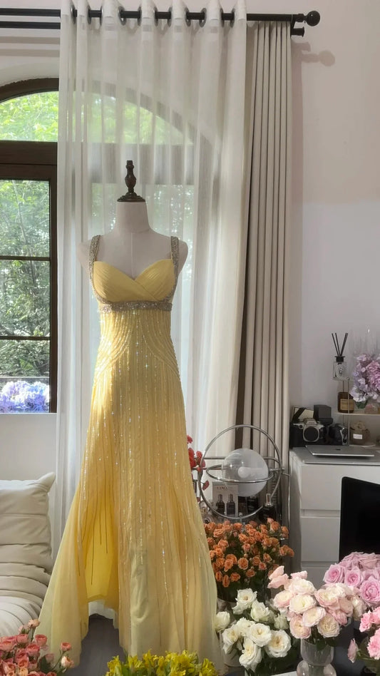 Sunny Yellow Sweetheart Neck Straps Sheath Beaded Prom Dress AD881
