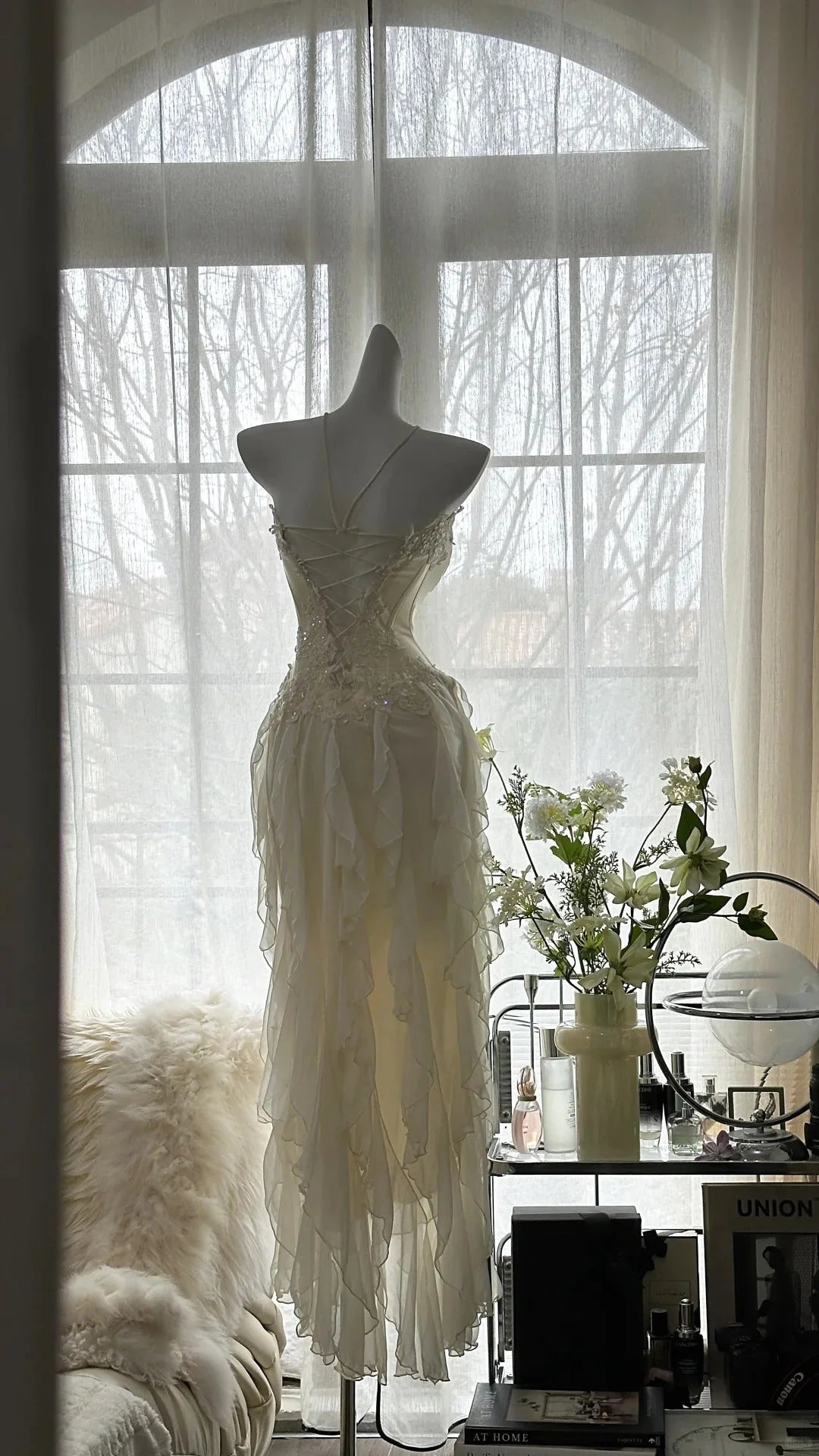 Romantic Ivory Sweetheart Neck Lace Applique Mermaid Prom Dress With Tiered Ruffle Chiffon Skirt AD882