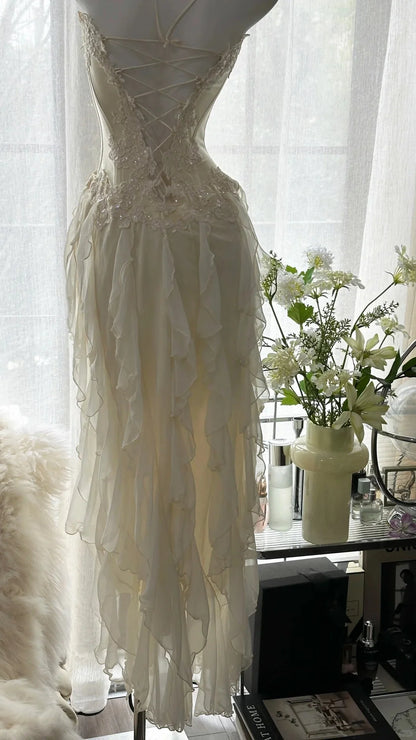 Romantic Ivory Sweetheart Neck Lace Applique Mermaid Prom Dress With Tiered Ruffle Chiffon Skirt AD882