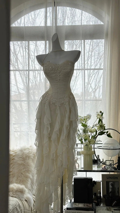 Romantic Ivory Sweetheart Neck Lace Applique Mermaid Prom Dress With Tiered Ruffle Chiffon Skirt AD882