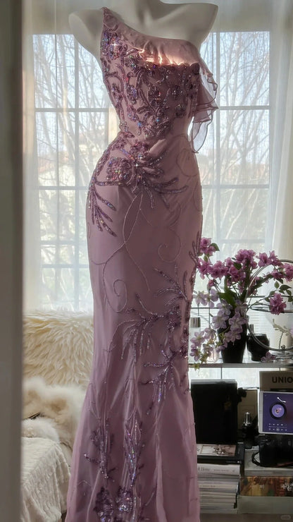 Lavish Dusty Pink One-Shoulder Mermaid Prom Dress With Floral Beaded Applique & Flowing Chiffon Hem AD883