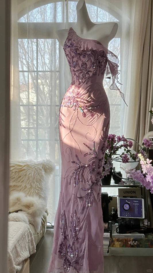 Lavish Dusty Pink One-Shoulder Mermaid Prom Dress With Floral Beaded Applique & Flowing Chiffon Hem AD883