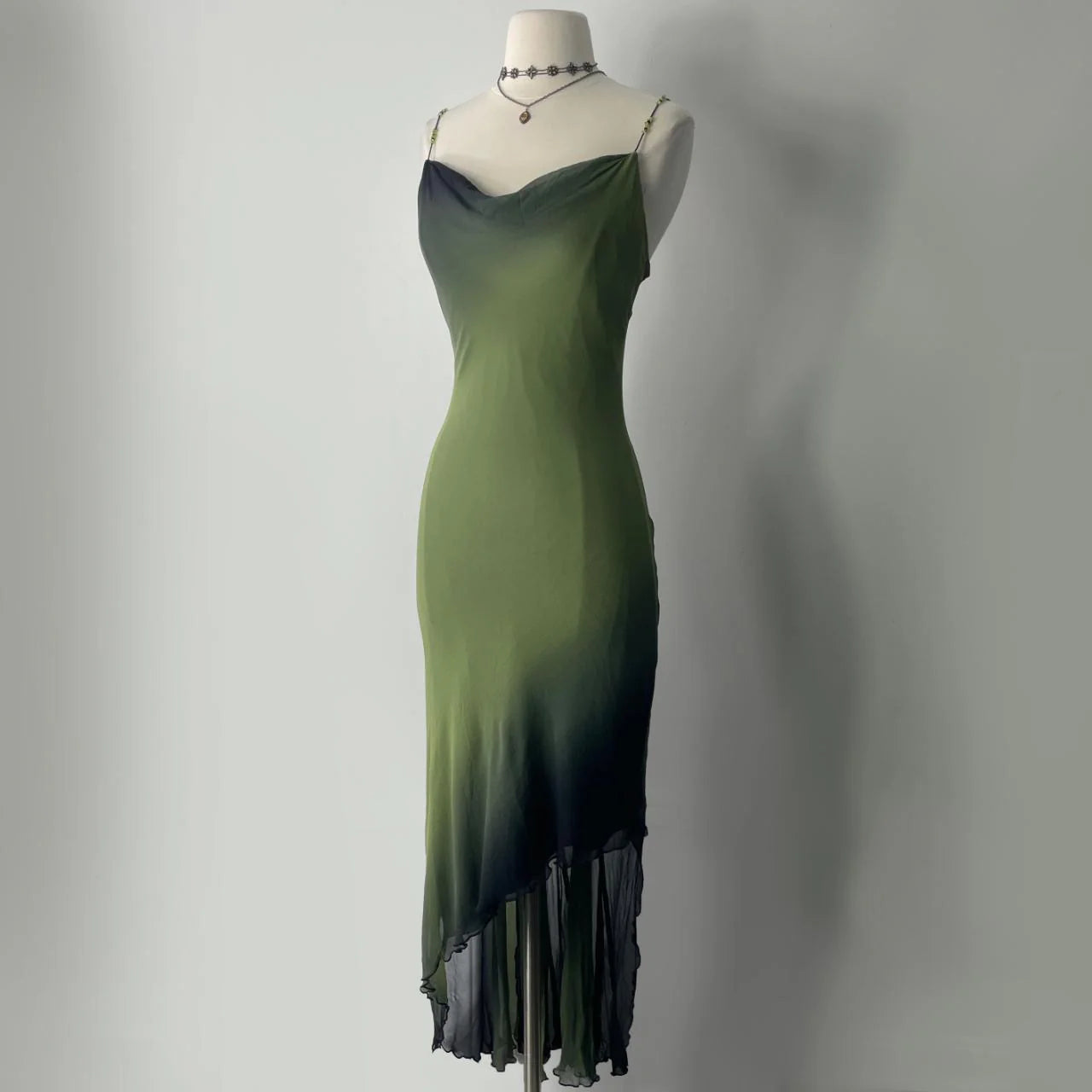Mysterious Ombre Green Beaded Spaghetti Straps Bodycon Prom Dress With Asymmetric Ruffle Hem AD884