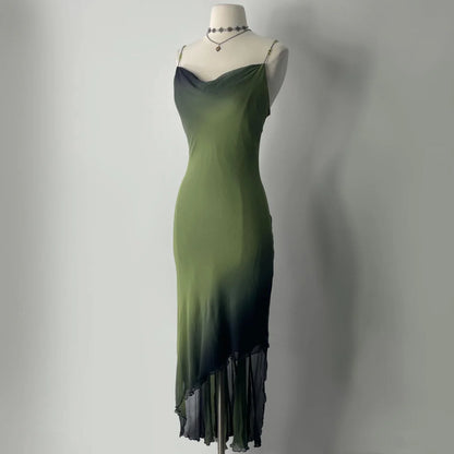 Mysterious Ombre Green Beaded Spaghetti Straps Bodycon Prom Dress With Asymmetric Ruffle Hem AD884