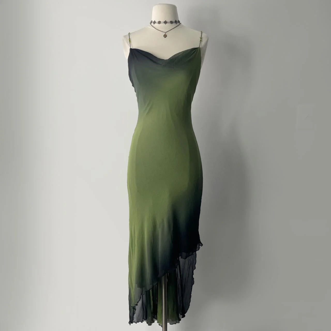 Mysterious Ombre Green Beaded Spaghetti Straps Bodycon Prom Dress With Asymmetric Ruffle Hem AD884