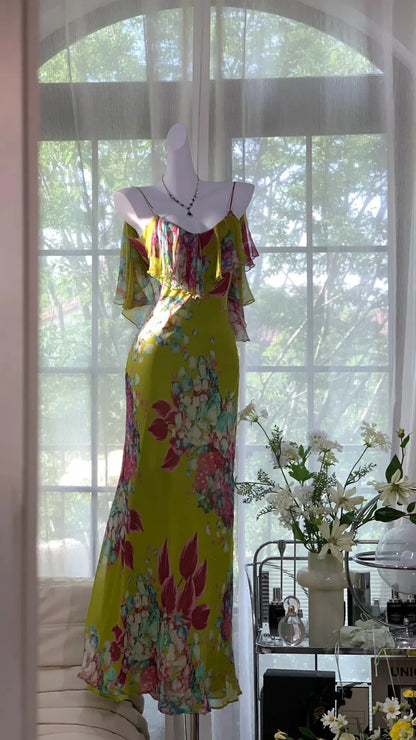 Opulent Green Floral Print Spaghetti Straps Chiffon Ruffles Mermaid Prom Dress AD885