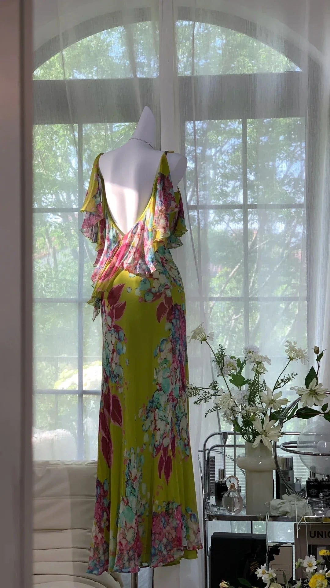 Opulent Green Floral Print Spaghetti Straps Chiffon Ruffles Mermaid Prom Dress AD885