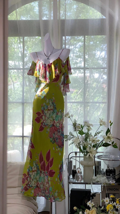 Opulent Green Floral Print Spaghetti Straps Chiffon Ruffles Mermaid Prom Dress AD885
