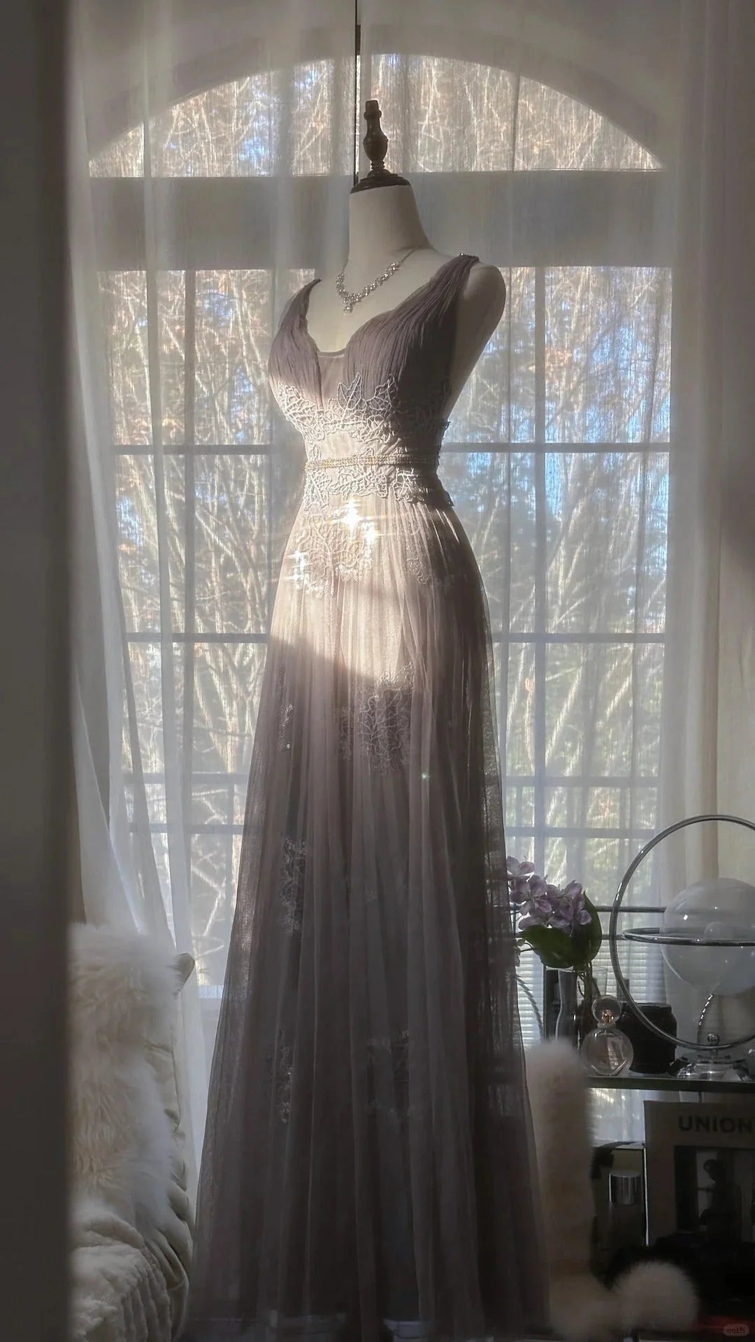 Regal Dusty Lavender A-Line Straps Prom Dress Lace Applique And Beaded Waistband AD886