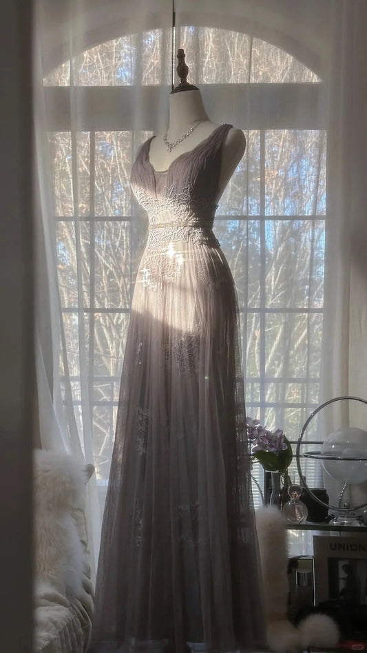 Regal Dusty Lavender A-Line Straps Prom Dress Lace Applique And Beaded Waistband AD886