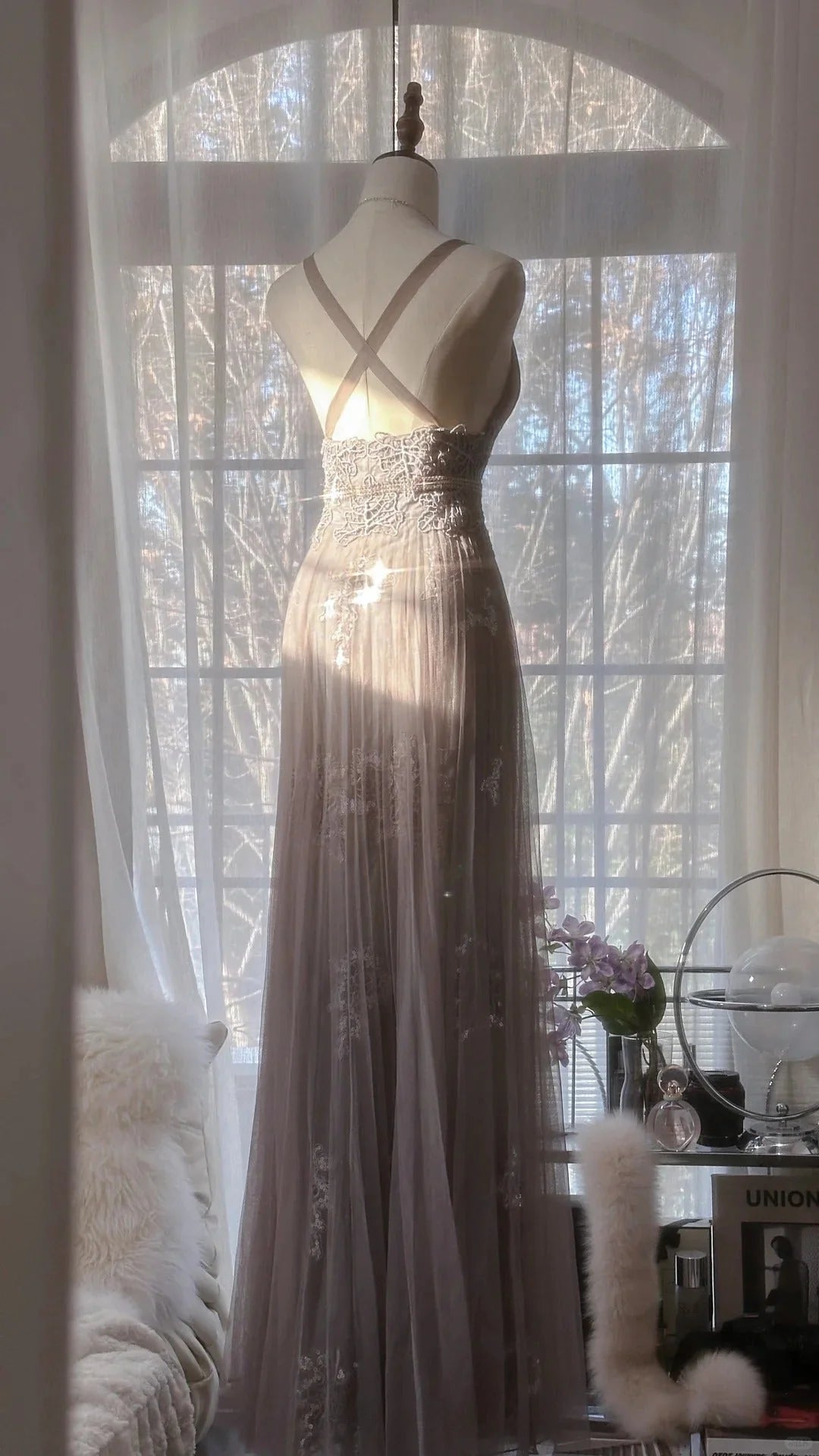 Regal Dusty Lavender A-Line Straps Prom Dress Lace Applique And Beaded Waistband AD886