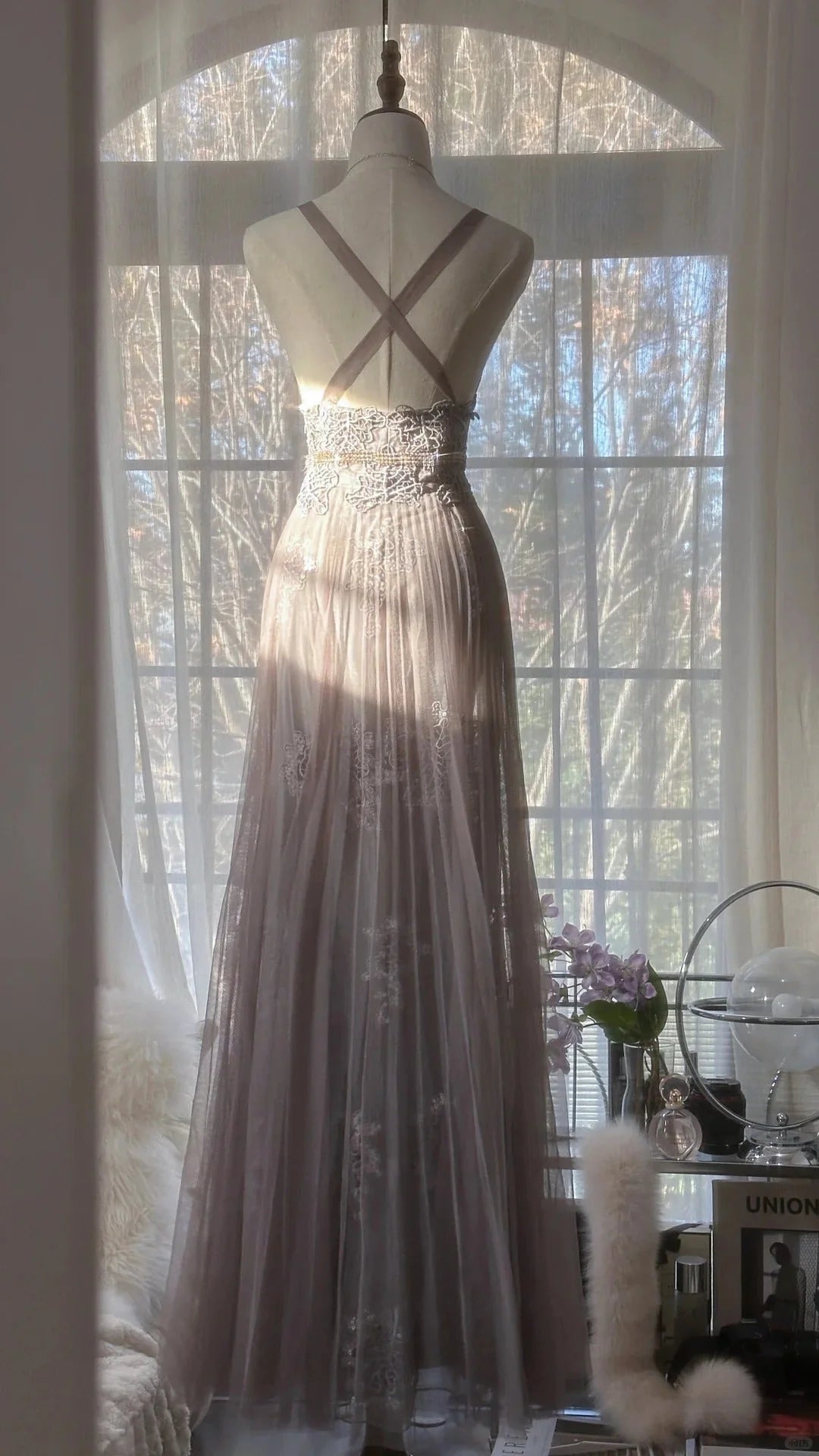 Regal Dusty Lavender A-Line Straps Prom Dress Lace Applique And Beaded Waistband AD886