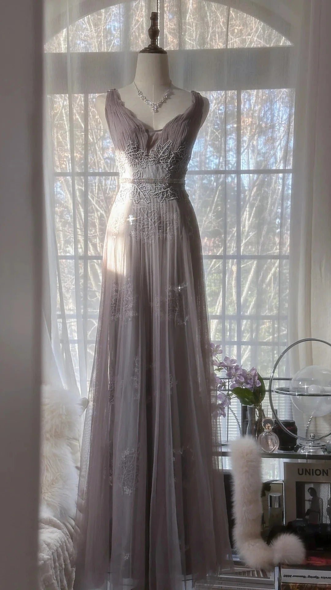 Regal Dusty Lavender A-Line Straps Prom Dress Lace Applique And Beaded Waistband AD886