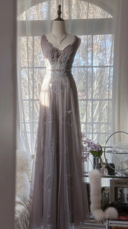 Regal Dusty Lavender A-Line Straps Prom Dress Lace Applique And Beaded Waistband AD886