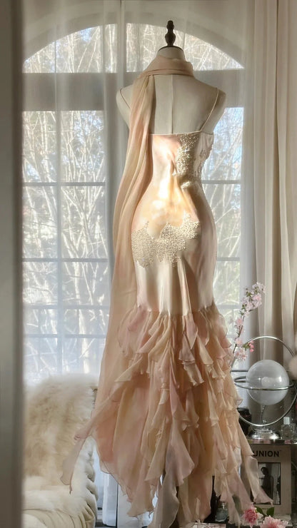 Opulent Blush Pink Spaghetti Straps Mermaid Prom Dress With Beaded Floral Appliqué And Tiered Ruffle Skirt AD887