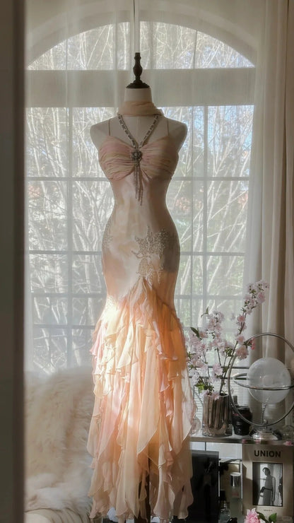 Opulent Blush Pink Spaghetti Straps Mermaid Prom Dress With Beaded Floral Appliqué And Tiered Ruffle Skirt AD887