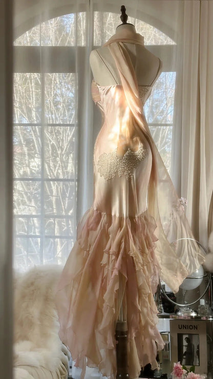Opulent Blush Pink Spaghetti Straps Mermaid Prom Dress With Beaded Floral Appliqué And Tiered Ruffle Skirt AD887