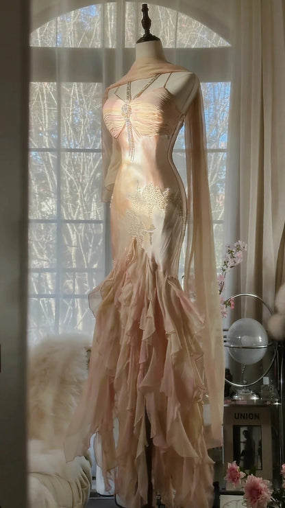 Opulent Blush Pink Spaghetti Straps Mermaid Prom Dress With Beaded Floral Appliqué And Tiered Ruffle Skirt AD887