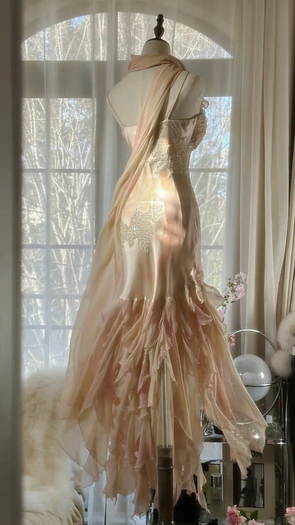 Opulent Blush Pink Spaghetti Straps Mermaid Prom Dress With Beaded Floral Appliqué And Tiered Ruffle Skirt AD887
