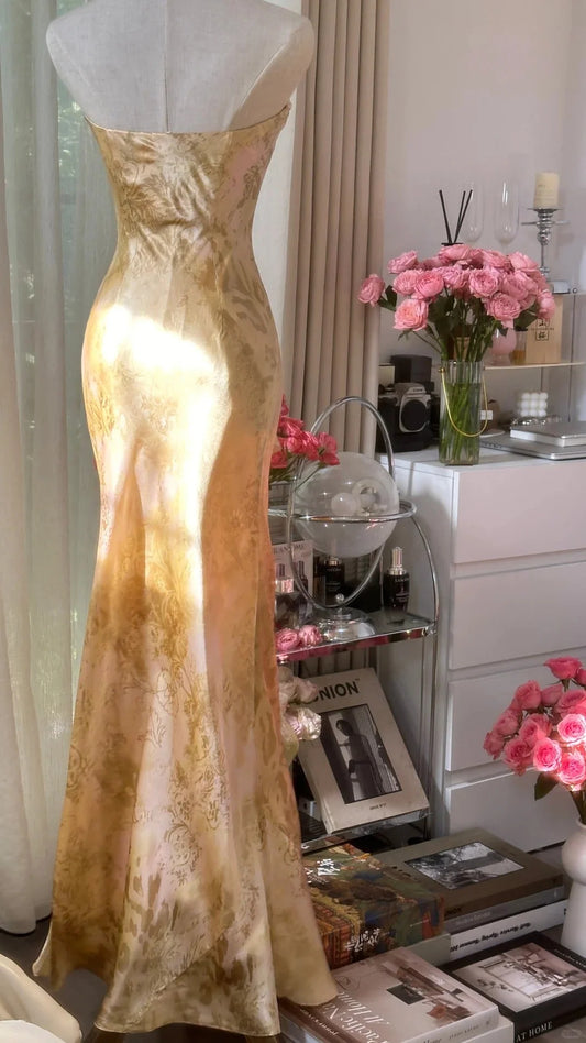 Regal Champagne Gold Strapless Floral Print Mermaid Prom Dress With Embellished Waist Detail & Flowing Chiffon Train AD888