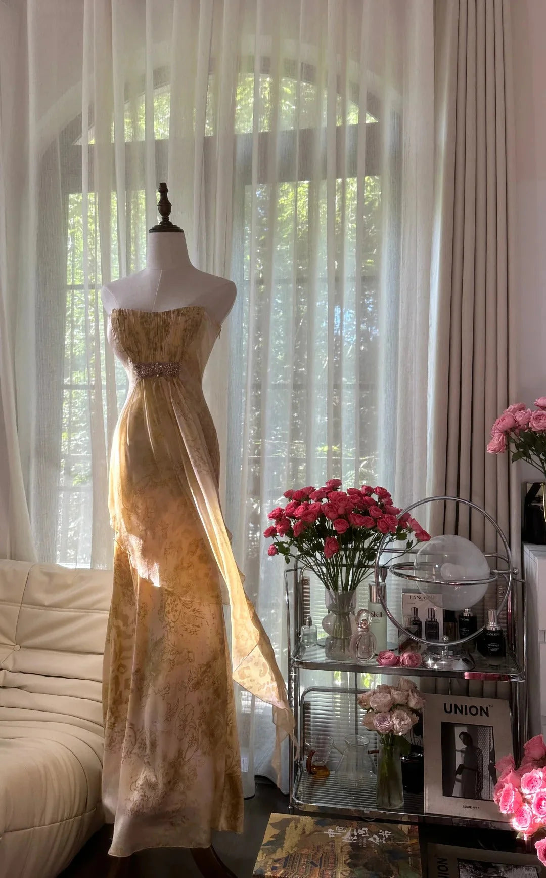Regal Champagne Gold Strapless Floral Print Mermaid Prom Dress With Embellished Waist Detail & Flowing Chiffon Train AD888