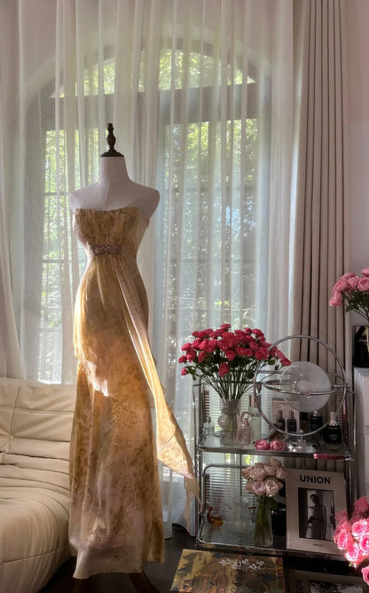 Regal Champagne Gold Strapless Floral Print Mermaid Prom Dress With Embellished Waist Detail & Flowing Chiffon Train AD888