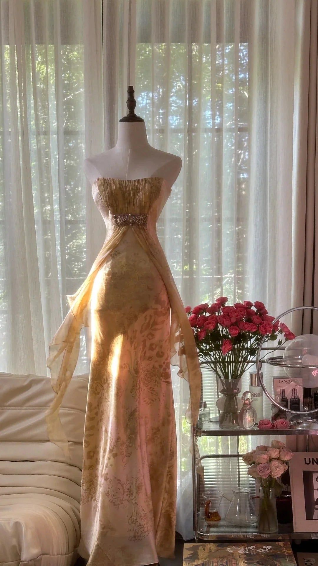 Regal Champagne Gold Strapless Floral Print Mermaid Prom Dress With Embellished Waist Detail & Flowing Chiffon Train AD888