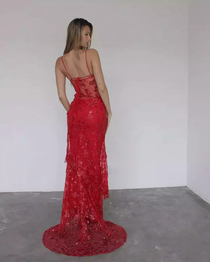 Glamorous Red Spaghetti Straps Lace Mermaid Long Prom Dress With Floral Embroidery & Sequins AD889
