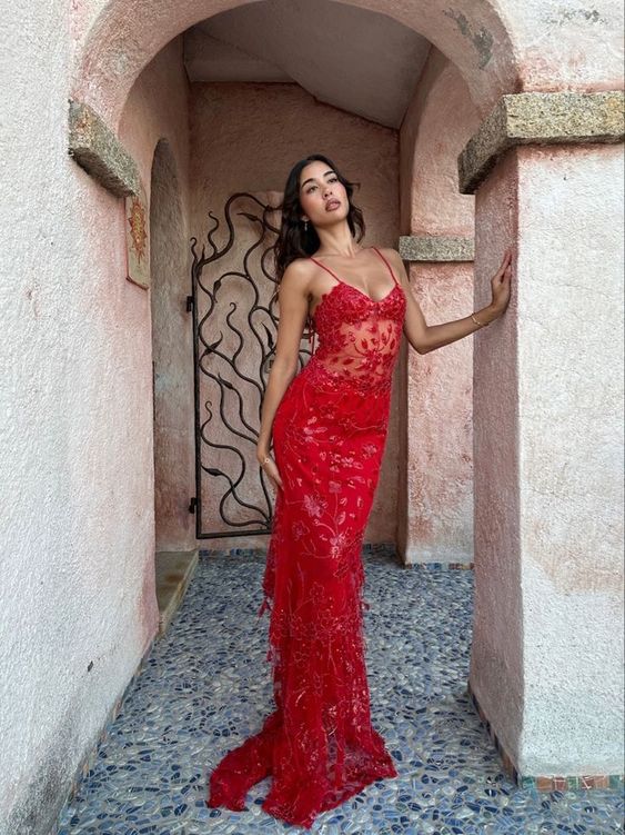 Glamorous Red Spaghetti Straps Lace Mermaid Long Prom Dress With Floral Embroidery & Sequins AD889