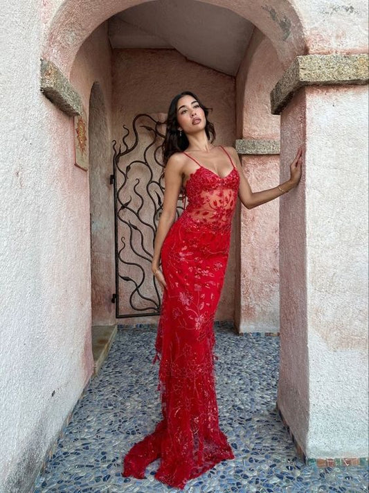 Glamorous Red Spaghetti Straps Lace Mermaid Long Prom Dress With Floral Embroidery & Sequins AD889