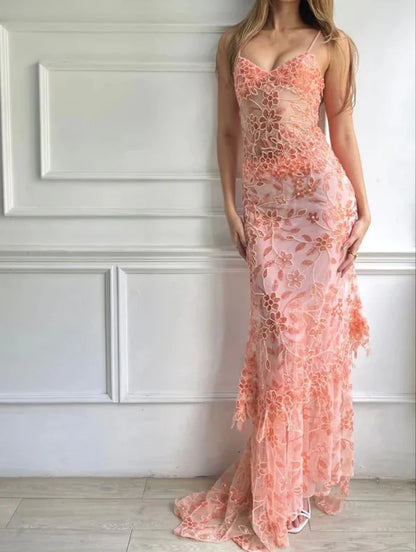 Glamorous Red Spaghetti Straps Lace Mermaid Long Prom Dress With Floral Embroidery & Sequins AD889