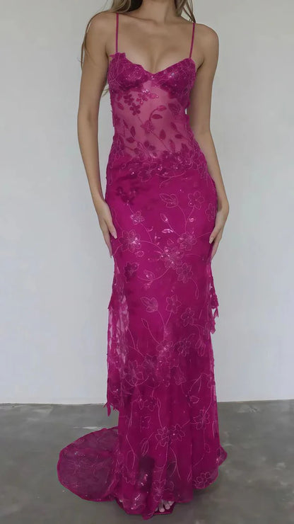 Glamorous Red Spaghetti Straps Lace Mermaid Long Prom Dress With Floral Embroidery & Sequins AD889