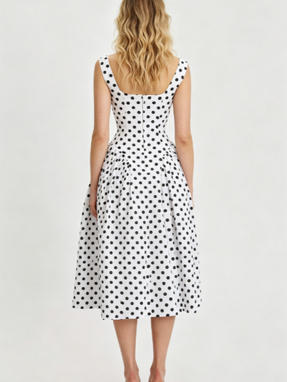 Classic Deep V Neck Straps White Base Dot Print A-Line Midi Prom Dress AD890