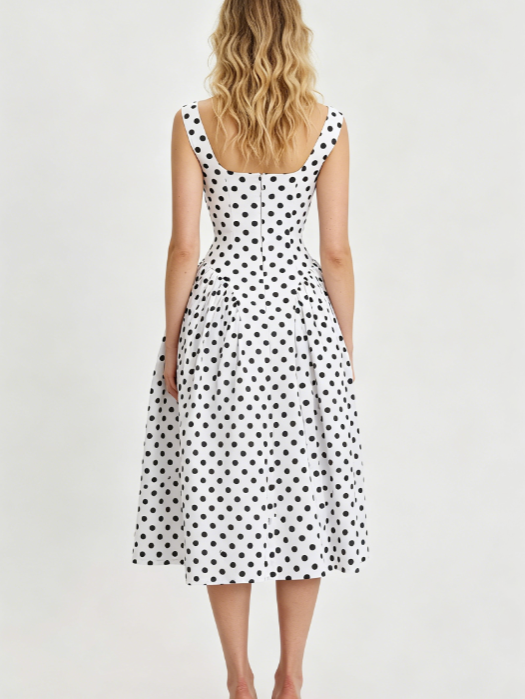Classic Deep V Neck Straps White Base Dot Print A-Line Midi Prom Dress AD890