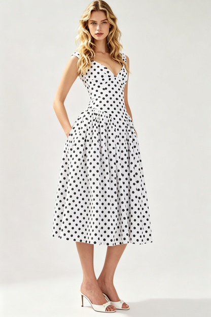 Classic Deep V Neck Straps White Base Dot Print A-Line Midi Prom Dress AD890