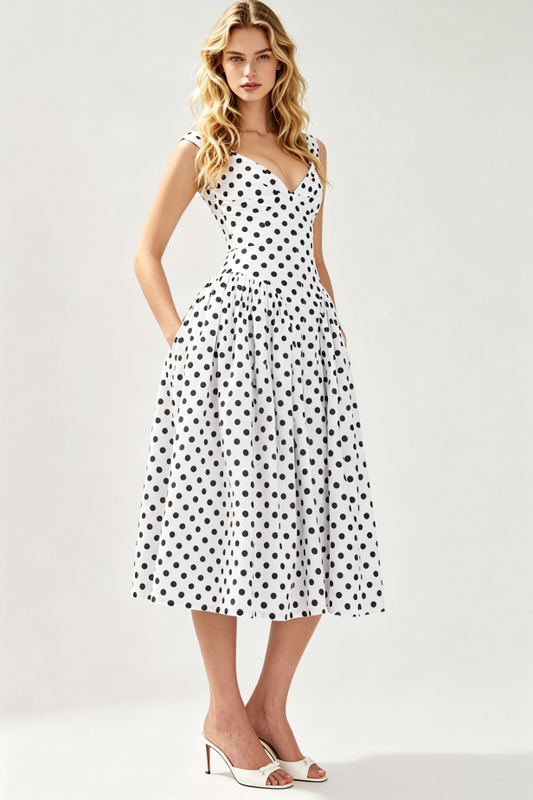 Classic Deep V Neck Straps White Base Dot Print A-Line Midi Prom Dress AD890
