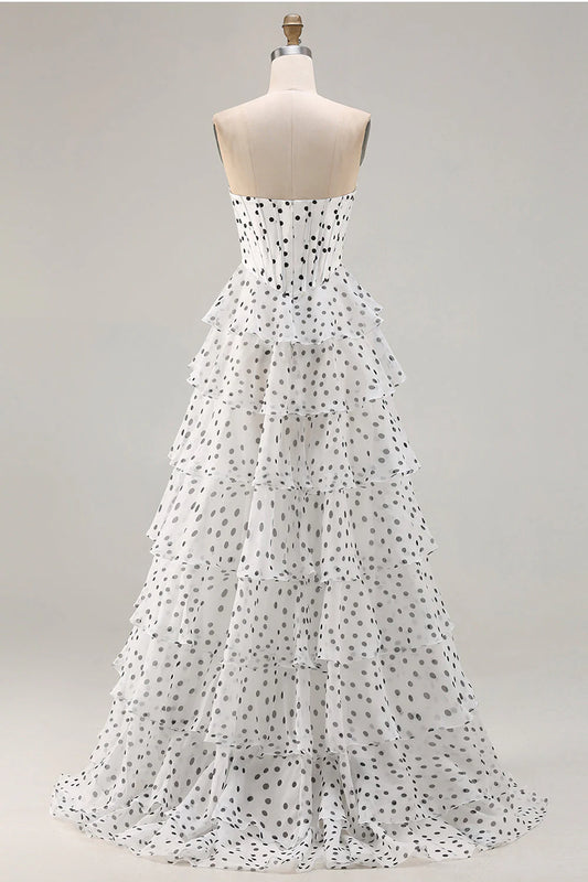 Vintage Strapless Lace Sweetheart Tiered Polka Dot Chiffon A Line Prom Dress With High Slit AD891