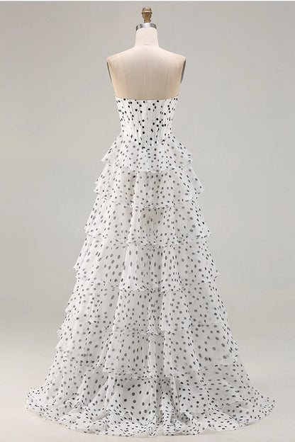 Vintage Strapless Lace Sweetheart Tiered Polka Dot Chiffon A Line Prom Dress With High Slit AD891
