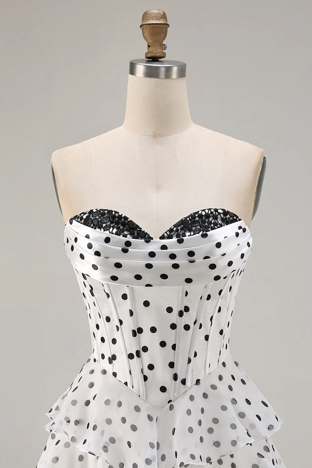Vintage Strapless Lace Sweetheart Tiered Polka Dot Chiffon A Line Prom Dress With High Slit AD891