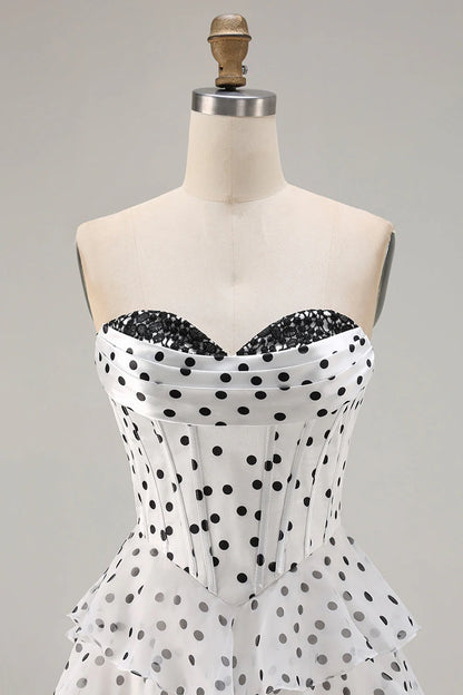 Vintage Strapless Lace Sweetheart Tiered Polka Dot Chiffon A Line Prom Dress With High Slit AD891