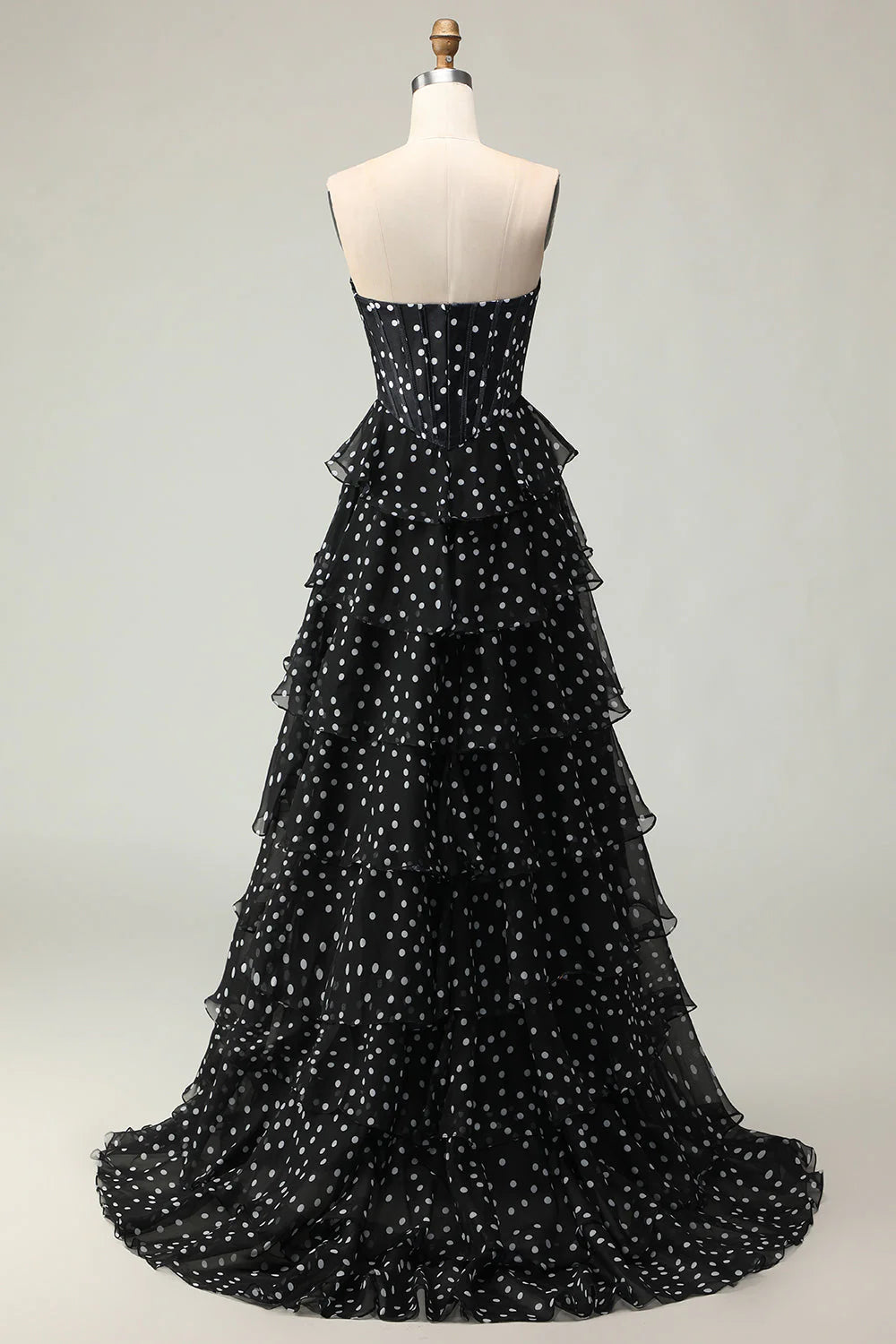 Vintage Strapless Lace Sweetheart Tiered Polka Dot Chiffon A Line Prom Dress With High Slit AD891
