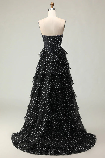 Vintage Strapless Lace Sweetheart Tiered Polka Dot Chiffon A Line Prom Dress With High Slit AD891