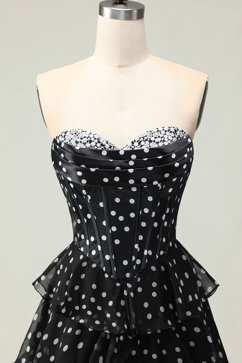Vintage Strapless Lace Sweetheart Tiered Polka Dot Chiffon A Line Prom Dress With High Slit AD891